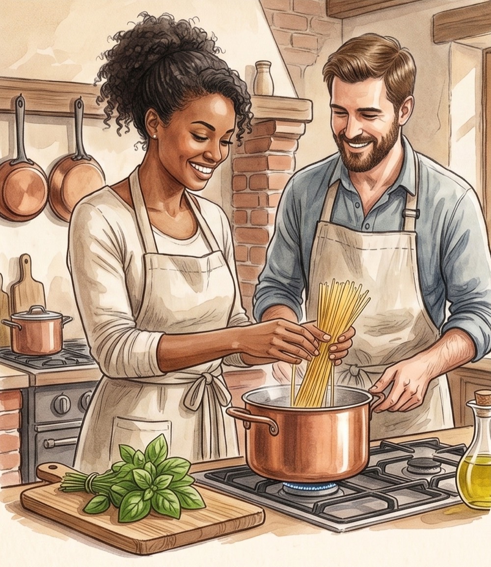 Italian couple cooking together in warm kitchen