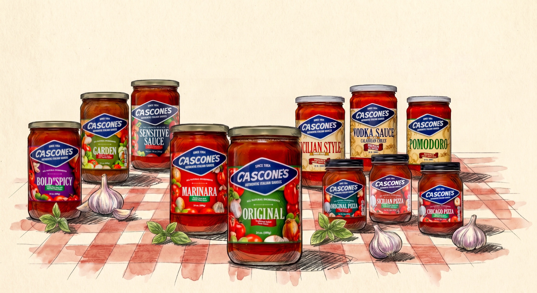 Product pantry tableau with all Cascones sauce jars